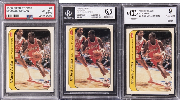 1986-87 Fleer Stickers #8 Michael Jordan Rookie Card Graded Lot of (3)